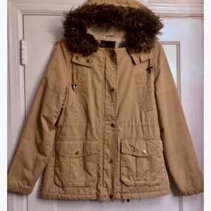 Camel Sherpa-Lined Snap-Front Coat, Sz. M